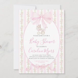 Invitation Coquette Florale Pink Preppy Baby Girl Carriage