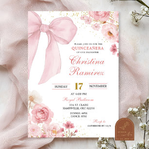 Invitation Coquette florale Quinceanera à ruban rose
