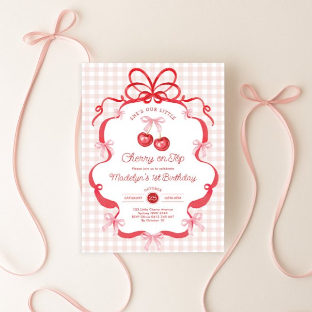 Invitation Coquette Gingham Cherry First 1st Birthday Party (Créateur téléchargé)