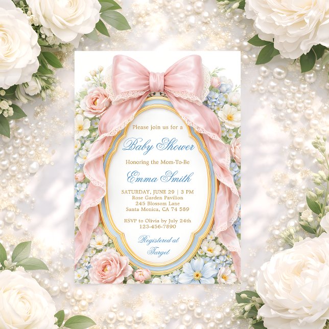 Invitation Coquette Girly Pink Bow Floral Baby Shower (Créateur téléchargé)