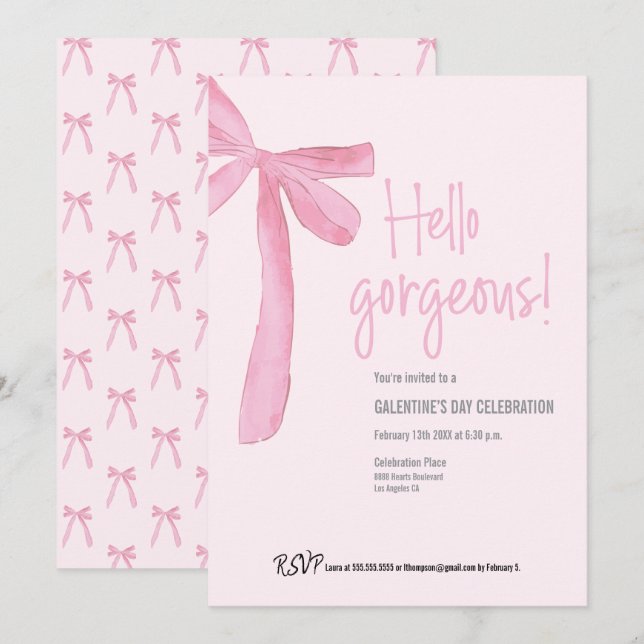 Invitation Coquette Hello Gorgeous Pink Bow Fête de la Saint- (Devant / Derrière)