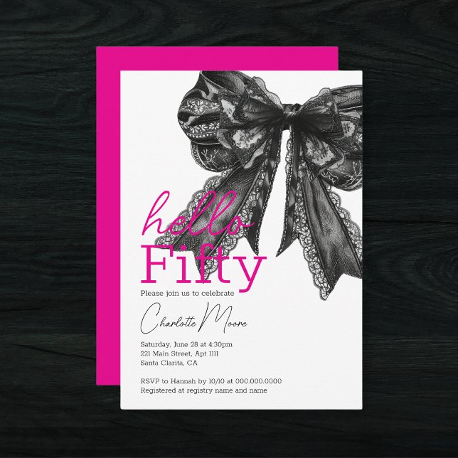 Invitation Coquette Hot rose noir Bow Bonjour Cinquante Anniv (Coquette Hot Pink Black Bow Hello Fifty Birthday Invitation
)