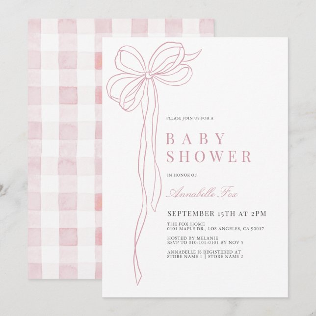Invitation Coquette Long Pink Bow Ribbon Girl Baby shower (Devant / Derrière)