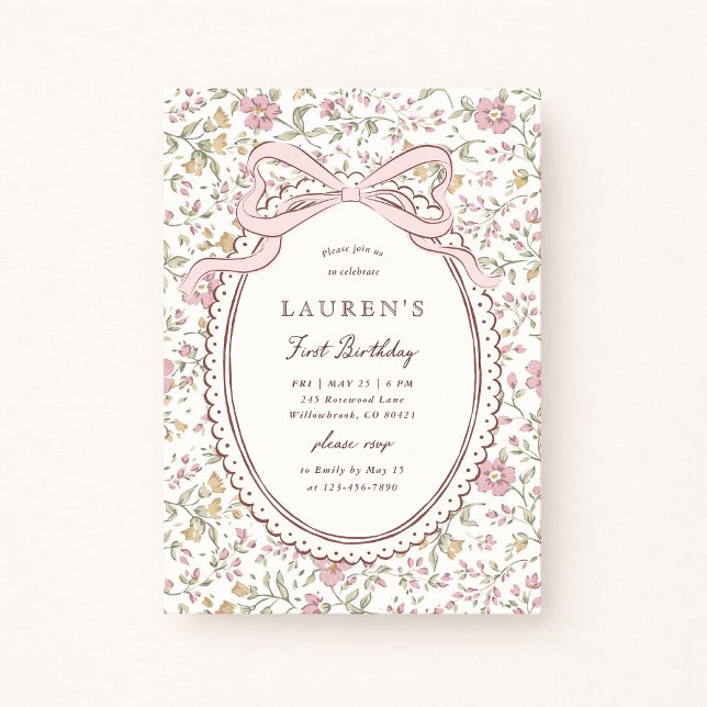 Invitation Coquette Meadow Floral Bow First Birthday  (Créateur téléchargé)