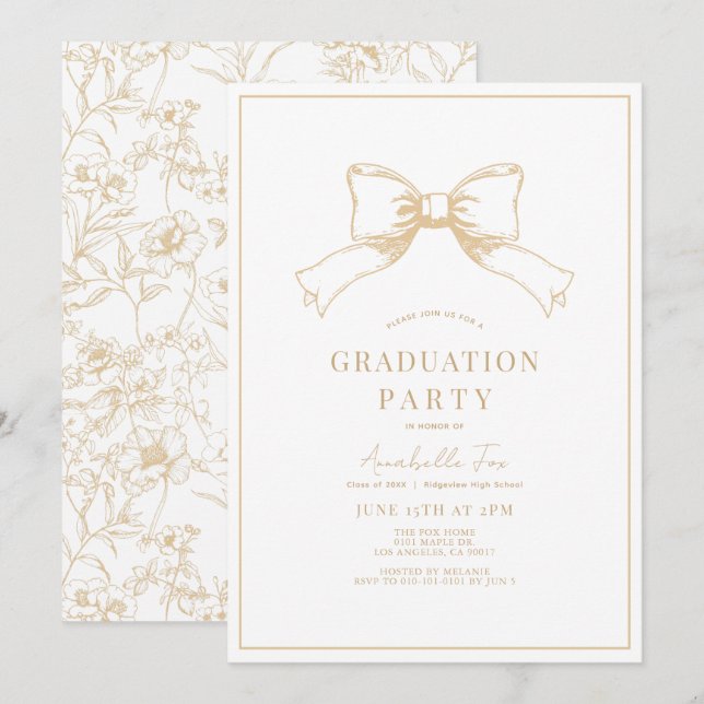 Invitation Coquette Ocher Bow Ribbon Graduation Party (Devant / Derrière)