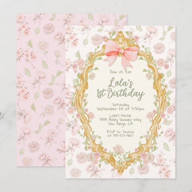 Invitation Coquette Ornate Frame Rose Bow Toile Anniversaire (Devant / Derrière)