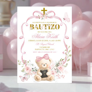 Invitation Coquette Ours à ruban floral rose Bauti