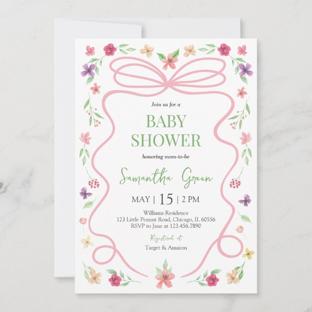 Invitation Coquette Pink Bow Baby Douche (Devant)