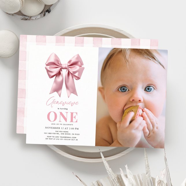 Invitation Coquette Pink Bow Ribbon Girl 1er Anniversaire Pho (Créateur téléchargé)