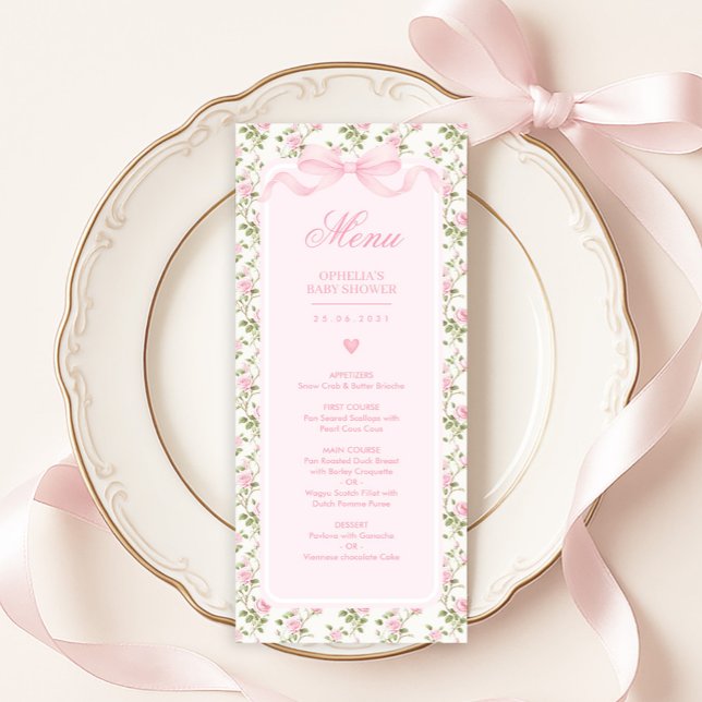 Invitation Coquette Pink Bow Roses Baby Shower Menu (Créateur téléchargé)
