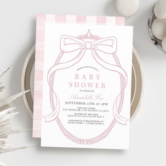 Invitation Coquette Pink Bow/Ruban Tiara Girl Baby shower (Créateur téléchargé)