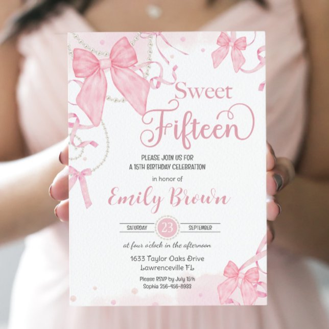 Invitation Coquette Pink Bows Pearls Sweet Quinze Anniversair (Créateur téléchargé)