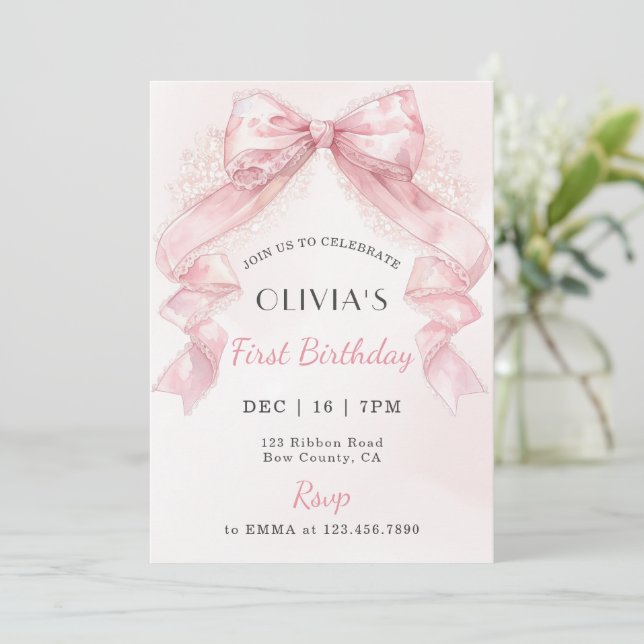 Invitation Coquette Pink Lace Bow Girl First Birthday (Debout devant)