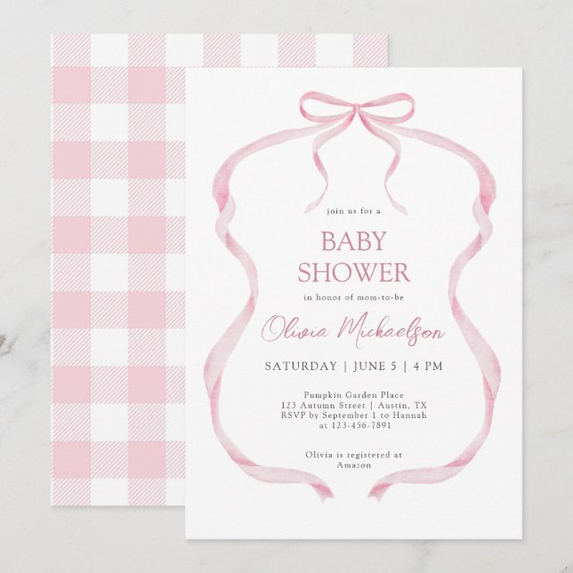 Invitation Coquette Pink Plaid Ribbon Bow Girl Baby shower (Devant / Derrière)