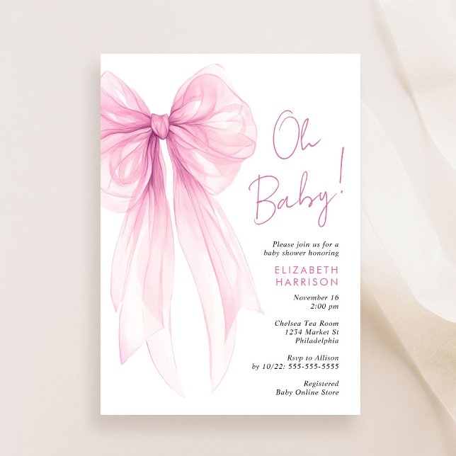 Invitation Coquette rose Bow Aquarelle bébé fille douche (Celebrate the upcoming arrival of your baby girl with a beautiful baby shower invitation)