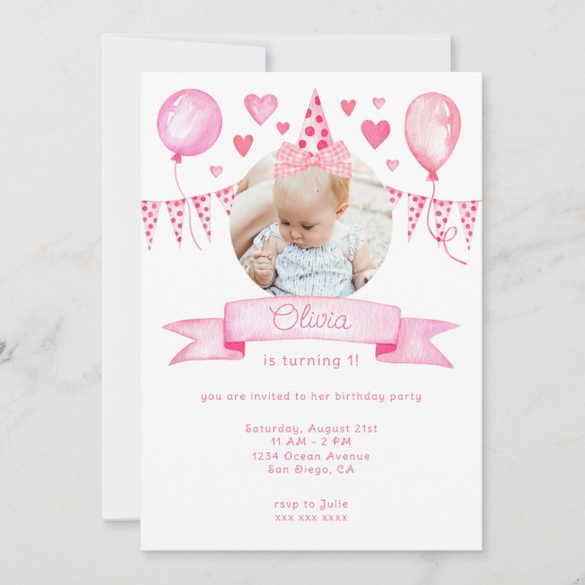 Invitation Coquette Rose Bow Baby Girl Anniversaire Fête (Devant)