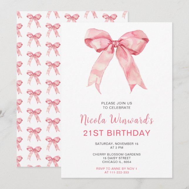 Invitation Coquette rose Bow fête d'anniversaire (Devant / Derrière)