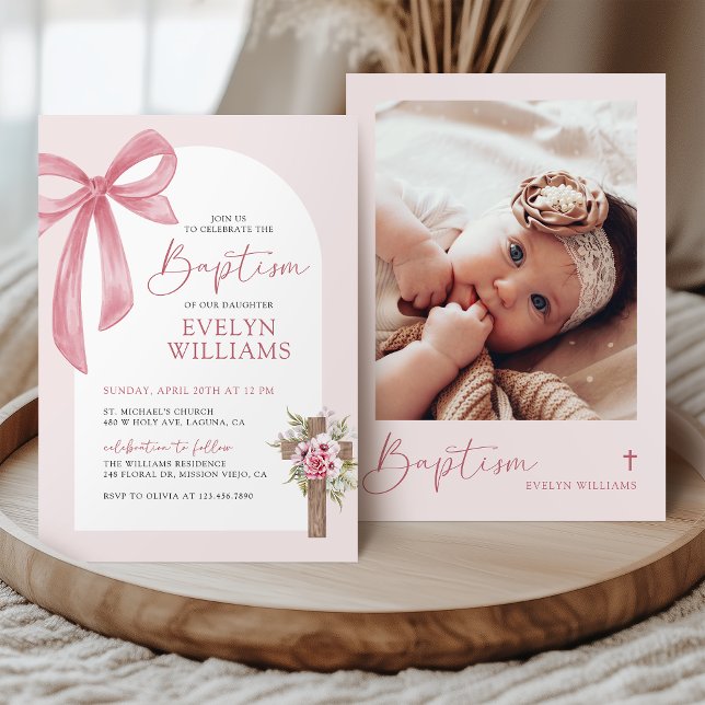 Invitation Coquette rose Bow Floral Cross Girl Baptism Photo (Créateur téléchargé)