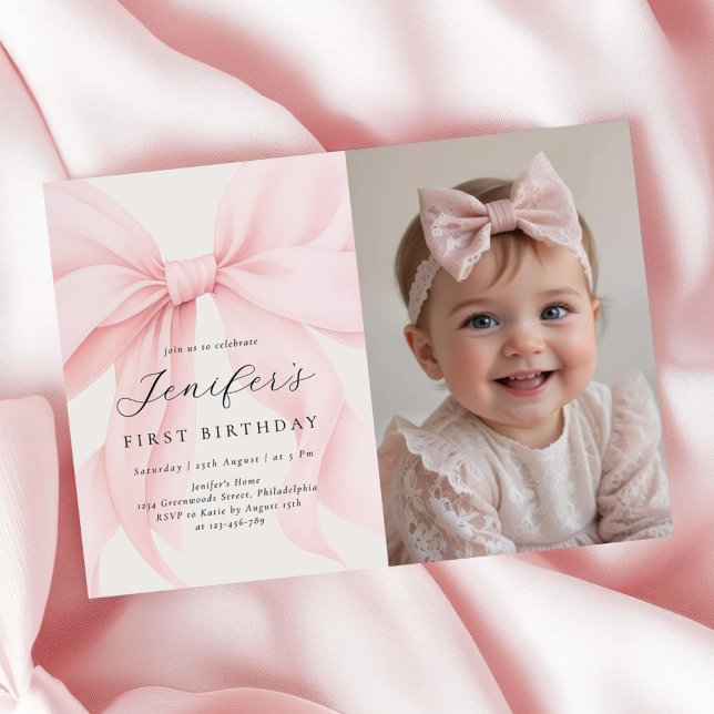 Invitation Coquette Rose Bow Girl Anniversaire Photo (Créateur téléchargé)