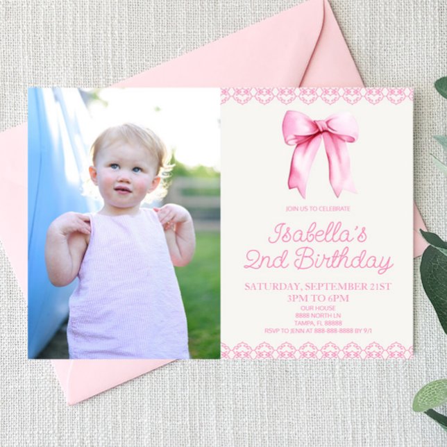 Invitation Coquette Rose Bow Personnalisé Photo Anniversaire (Créateur téléchargé)