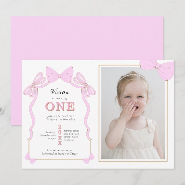 Invitation Coquette rose Bow Photo 1er anniversaire (Devant / Derrière)