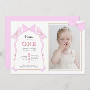 Invitation Coquette rose Bow Photo 1er anniversaire