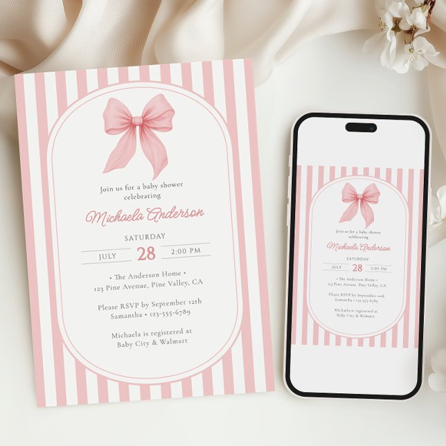 Invitation Coquette rose Bow Striped Girl Baby shower (Créateur téléchargé)