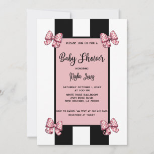 Invitation Coquette Rose Bows Black Stripe Baby shower