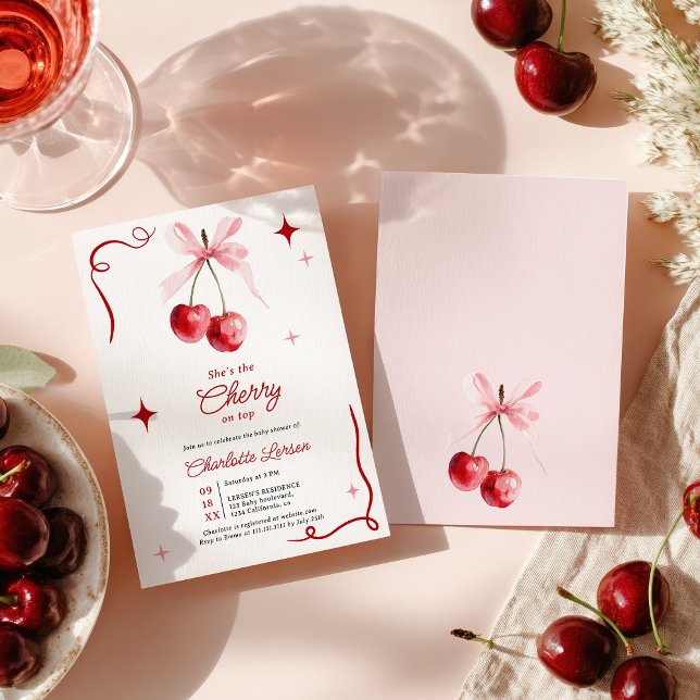 Invitation Coquette rose cerise Bow sur le dessus Baby shower (Pink Coquette Bow Cherry On top Girl Baby Shower Invitation)