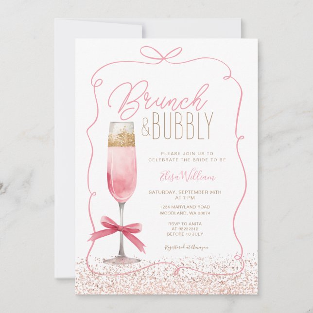 Invitation Coquette Rose Gold Brunch & Fête des mariées Bubbl (Devant)