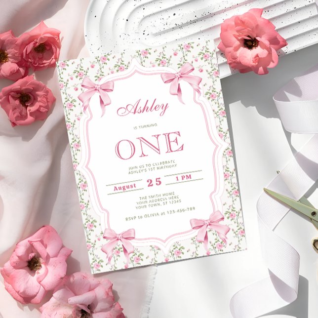 Invitation Coquette rose mignonne Bow 1er anniversaire (Créateur téléchargé)