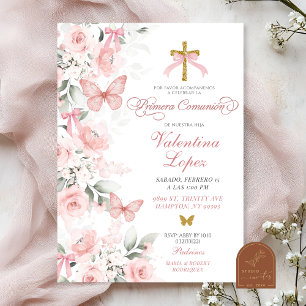 Invitation Coquette rose Papillon floral Première communion