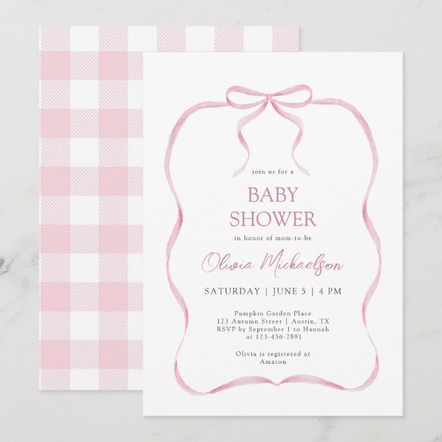 Invitation Coquette rose Ruban Bow Baby shower moderne fille (Devant / Derrière)