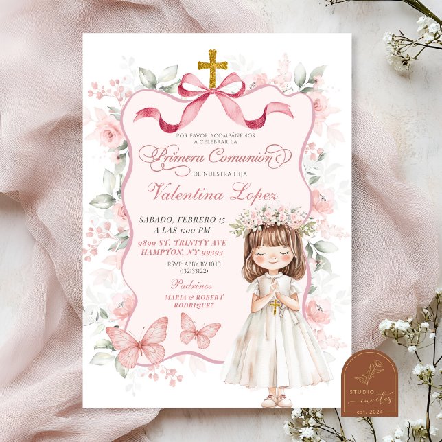 Invitation Coquette rose Ruban Floral Première Sainte Communi (Créateur téléchargé)