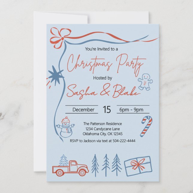 Invitation Coquette Rustic Red & Blue Christmas Party (Devant)