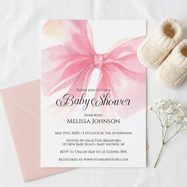 Invitation Coquette Script Pink Bow Girl Baby Shower (Coquette Pink Bow Baby Shower Invitation)