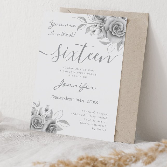 Invitation Coquette Silver Sweet 16 Floral Glam (Coquette Silver Sweet 16 Floral Glam Invitation)
