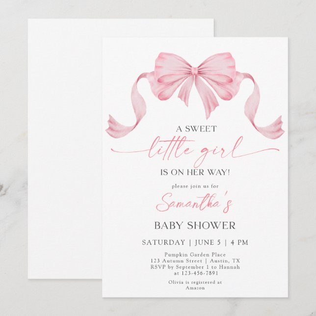 Invitation Coquette Sweet Little Girl Bow Baby shower frontal (Devant / Derrière)