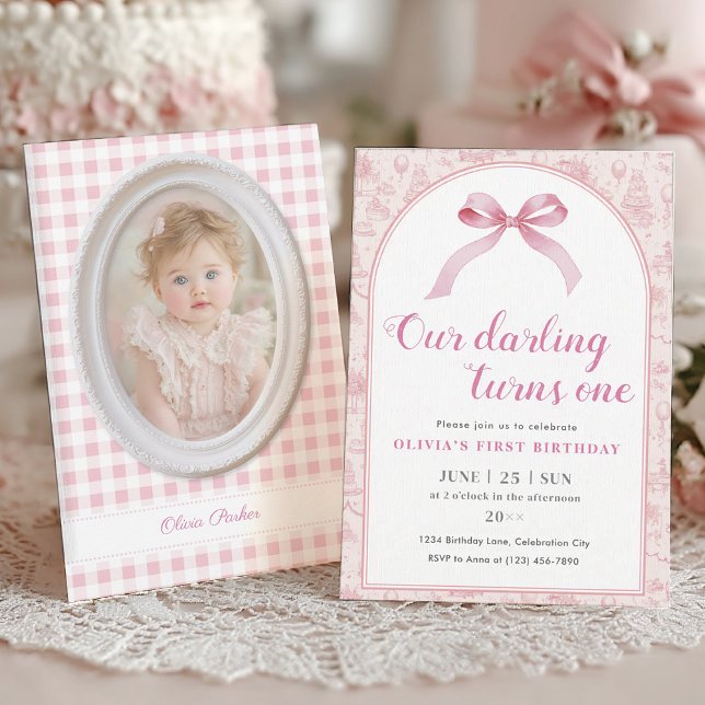 Invitation Coquette Toile rose Bow 1er anniversaire fille (coquette style 1st birthday invitation for baby girl, pink bow and photo card set
)