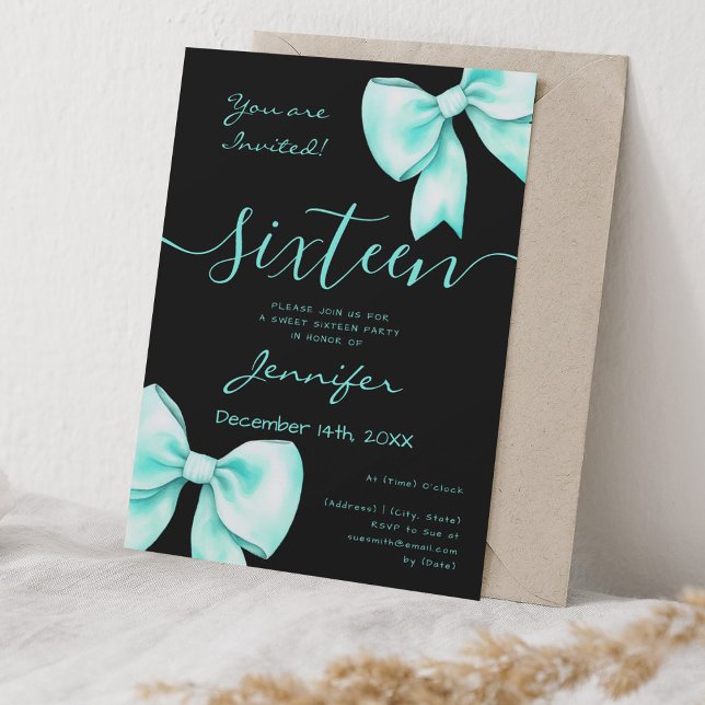 Invitation Coquette Turquoise Turquoise Bow Sweet 16 Party No (Coquette Turquoise Teal Bow Sweet 16 Party Black Invitation)