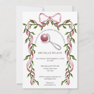 Invitation Coquette vintage Verdure Bow rose Baby Girl