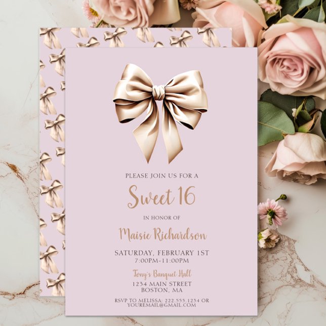 Invitation Coquette violet chic moderne Bow Sweet 16 (Chic Lilac Coquette Bow Sweet 16, Sweet Sixteen 16th Birthday, Classic, Trendy, Modern, Script, Bows)