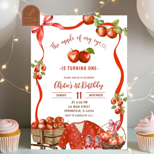 Invitation Coquette Wavy Bow Apple 1er anniversaire (Créateur téléchargé)