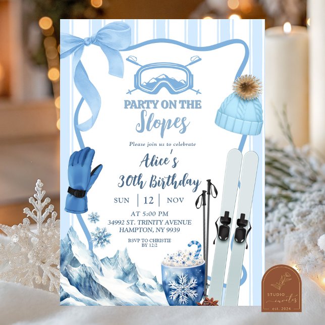 Invitation Coquette Winter Blue pastel Ski birthday (Créateur téléchargé)