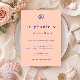 Invitation Coquillage de plage côtier rose bleu marine mariag