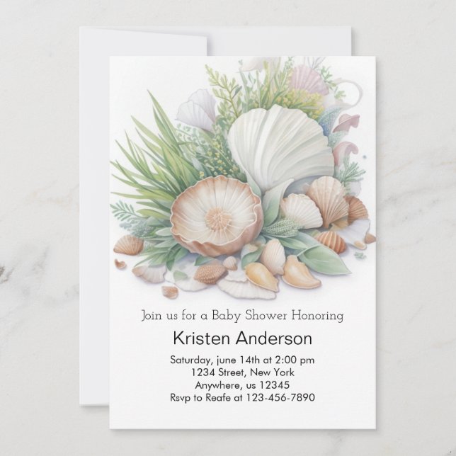 Invitation Coquillage vert Sage au bord du Baby shower marin (Devant)