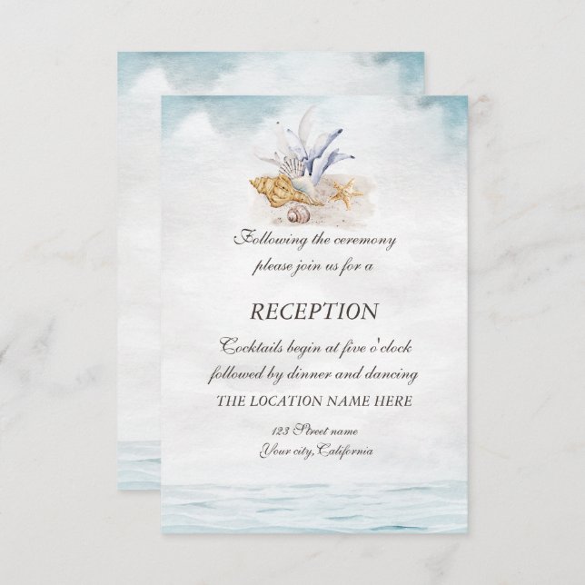 Invitation Coquillages Aquarellés, Réception Mer (Devant / Derrière)