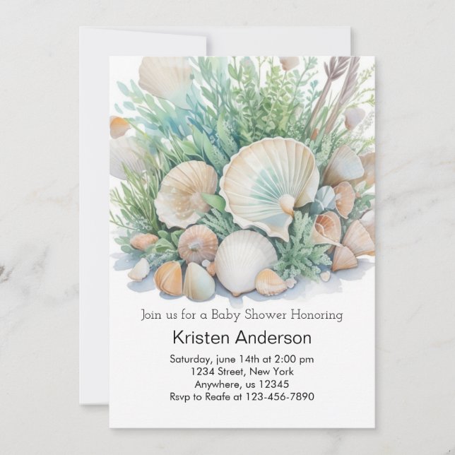 Invitation Coquillages au bord du Baby shower marin (Devant)
