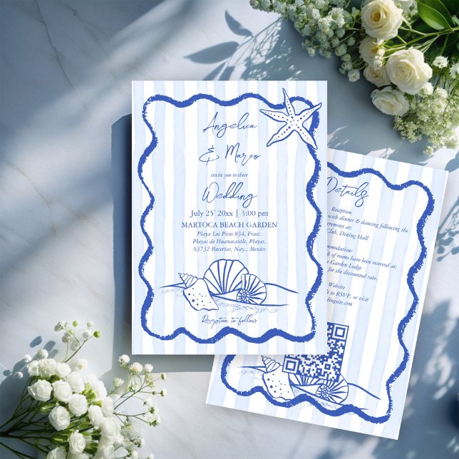 Invitation Coquillages bleu ondulé bordé mariage de plage ave (Handrawn Seashells blue wavy border beach wedding invitation cards with rsvp template download)