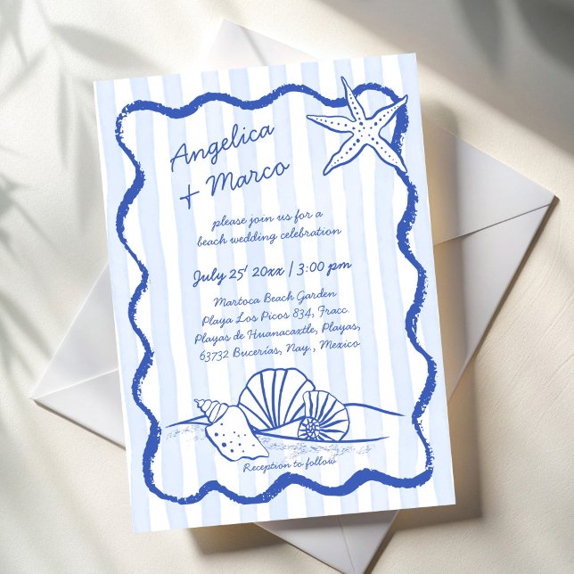 Invitation Coquillages bleu poire à main ondulé mariage de la (Seashells blue handrawn wavy border sketch beach wedding invitation cards template instant download)